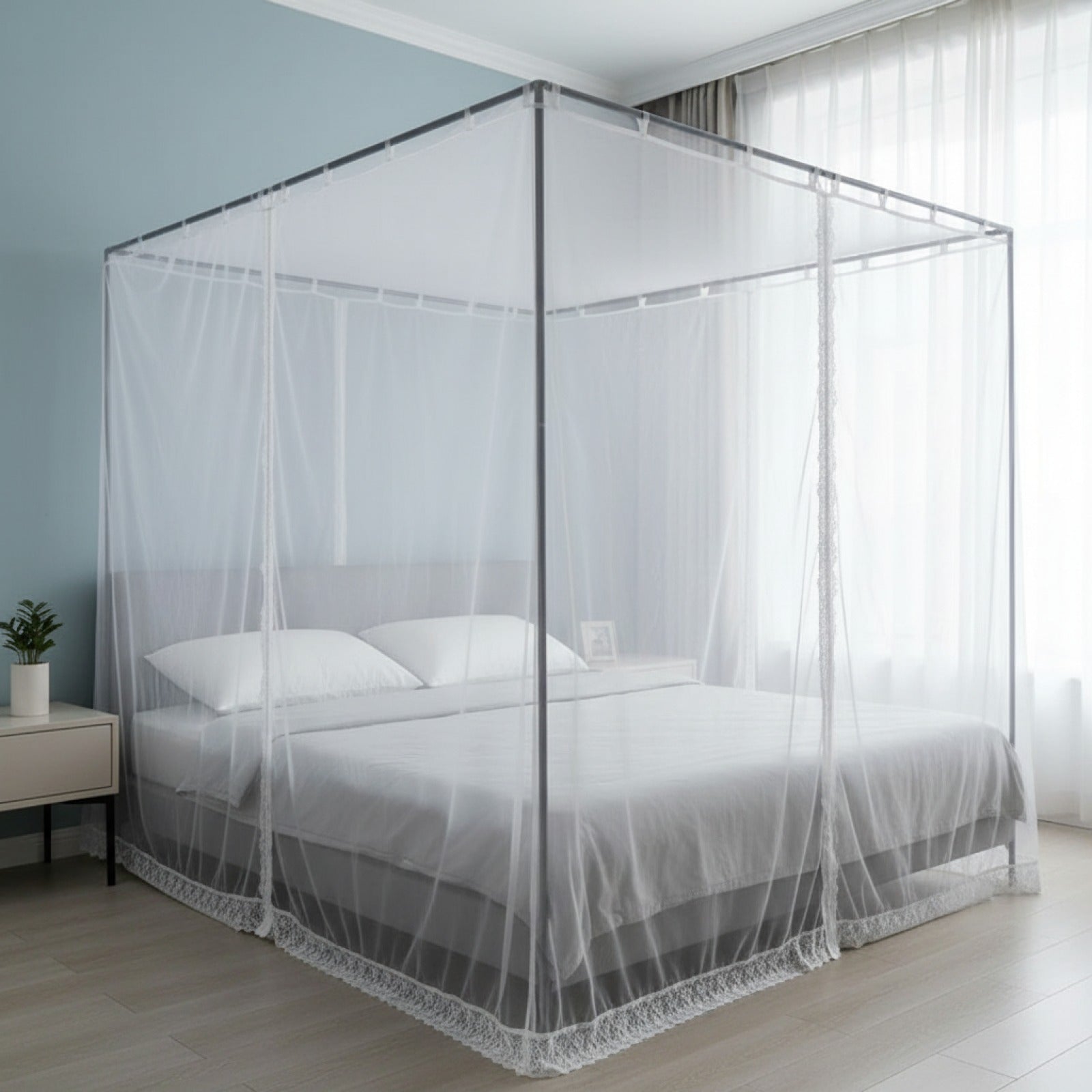 Moustiquaire 4 coins avec dentelle style princesse - Polyester/Coton