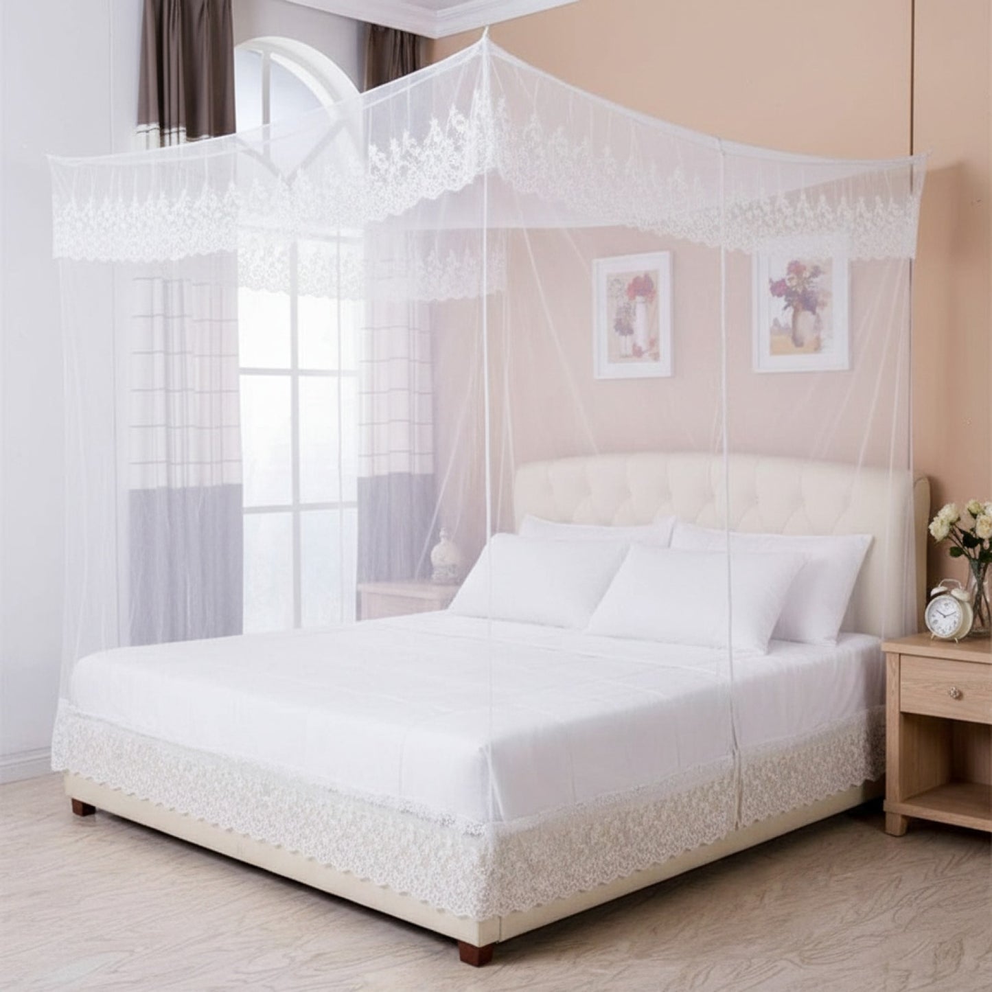 Moustiquaire 4 coins avec dentelle style princesse - Polyester/Coton