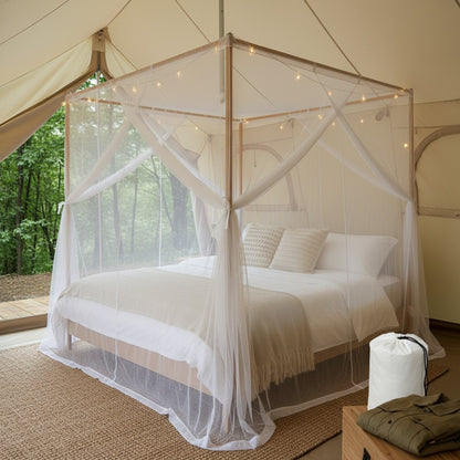 Moustiquaire de lit 4 coins pour camping et chambre - Blanche avec sac de rangement