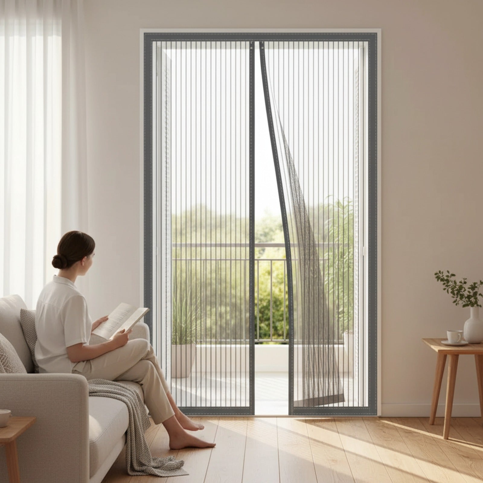 Moustiquaire de porte magnétique grise, installation sans perçage, anti-moustiques