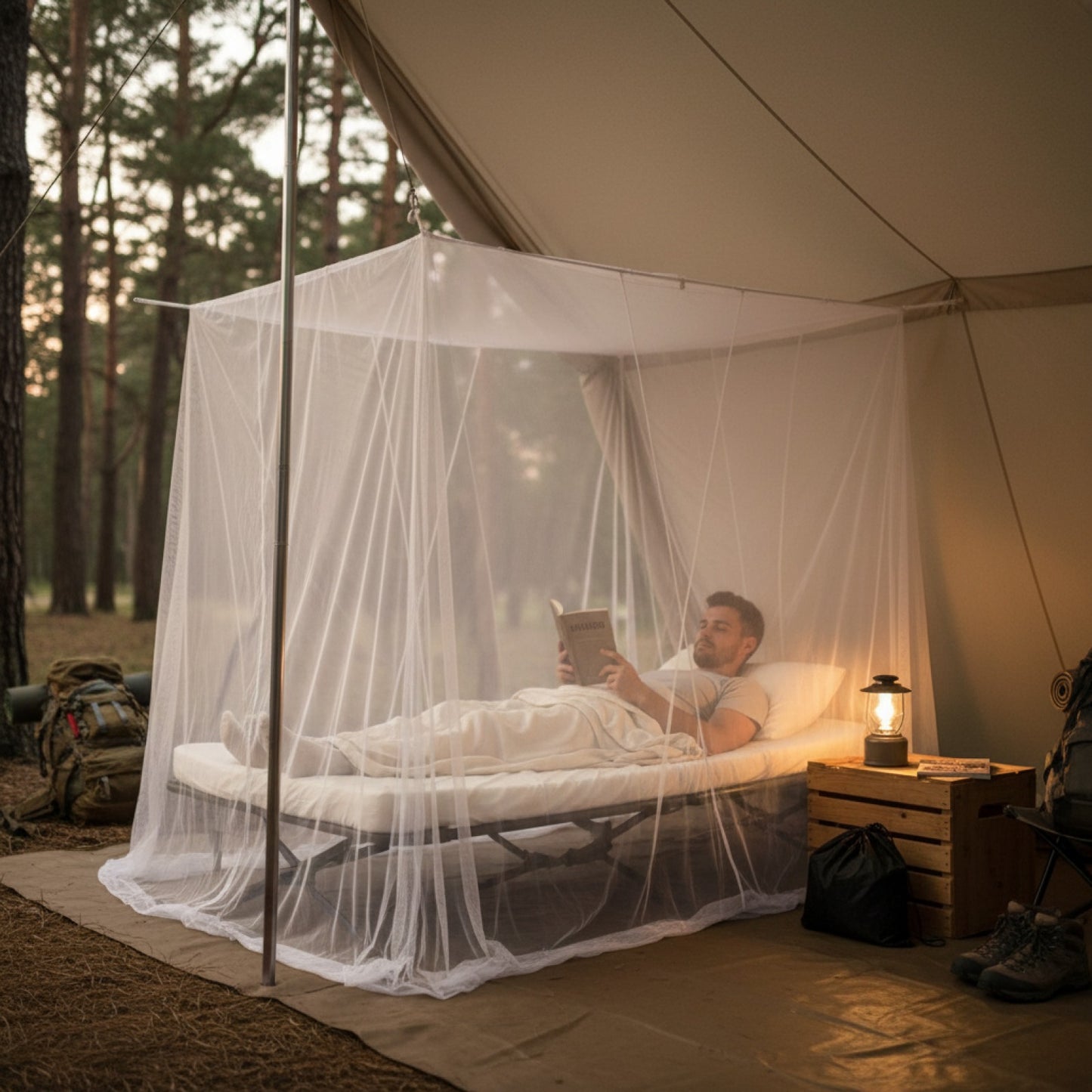 Moustiquaire de lit 4 coins pour camping et chambre - Blanche avec sac de rangement