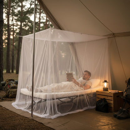 Moustiquaire de lit 4 coins pour camping et chambre - Blanche avec sac de rangement